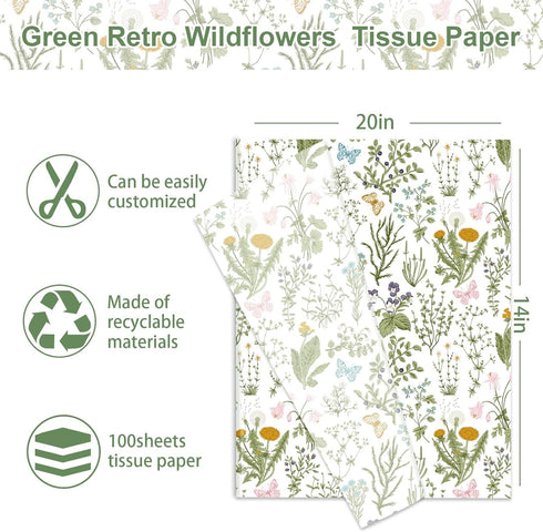 JarThenaAMCS 100 Sheets Vintage Wildflower Tissue Paper Wild Floral Art Tissue Spring Wrapping Paper for Birthday Wedding DIY Crafts Gift Packing,...