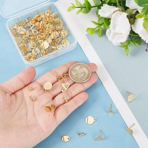 Beebeecraft 1 Box 80Pcs 4 Style 24K Gold Plated Stud Earring Findings Stainless Steel Triangle Oval Rhombus Flat Round Stud Earring Posts with Loo...