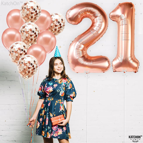 KatchOn, Big Rose Gold 21 Balloon Number - 40 Inch, 21th Birthday Decorations for Girls | Rose Gold Number 21 Balloon with Confetti Balloons | 21t...