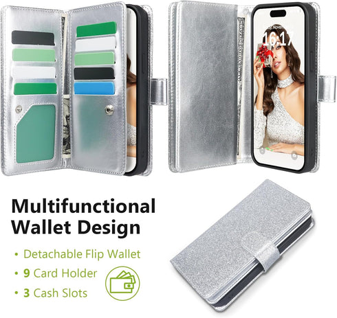 Varikke for iPhone 13 Wallet Case Detachable with Card Holder for Women Girls, Fashion Glitter PU Leather Wrist Strap Strong Magnetic Flip Wallet ...