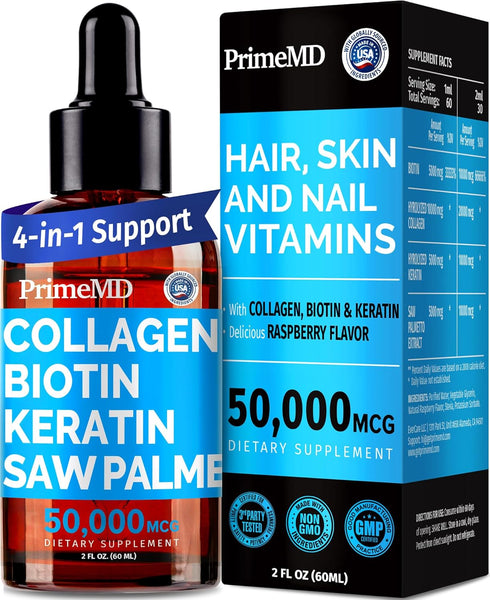 Liquid Collagen Peptides for Women - Complex with Biotin Vitamin, Hydrolyzed Keratin Protein and Saw Palmetto - Comprehensive Formula for Hair, Sk...