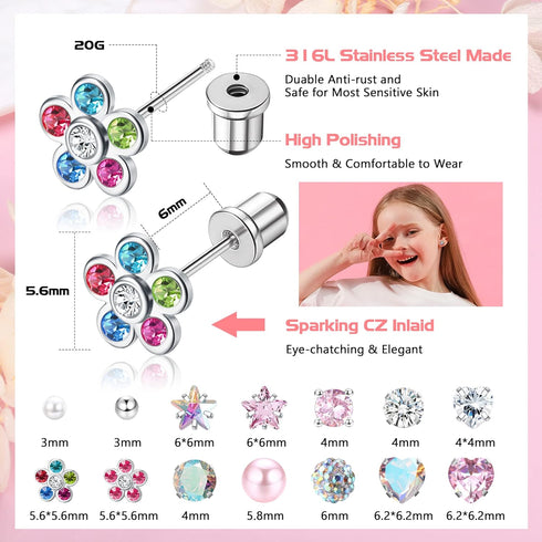YADOCA 14 Pairs Hypoallergenic Screw Back Earrings for Girls Women Surgical Steel Tiny CZ Pearl Ball Heart Flower Screwback Earrings Studs Set Mul...