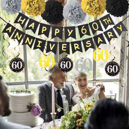 60th Anniversary Decorations Kit - Gold Glitter Happy Anniversary Banner, 9Pcs Sparkling Hanging Swirl, 6Pcs Poms - For 60th Wedding Party Decorat...