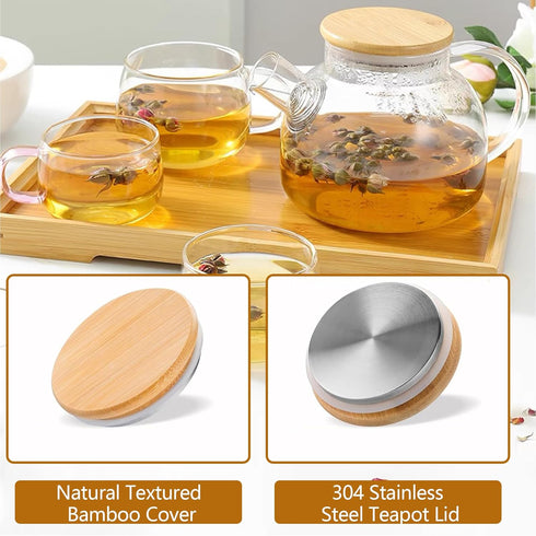 Glass Teapot Stovetop 34 OZ/1000ml, Borosilicate Clear Tea Kettle with Bamboo Lid, Teapot with detachable filter,Teapot with Removable Stainless S...