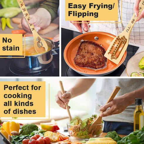 5Pcs Carved Bamboo Wood Cooking Spoons for Gift, Funny Burned Friends Wooden Spoons Spatula Cookware Set, Kitchen Utensils Decor Friends Merchandi...