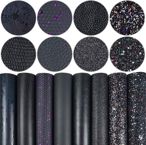 8 Pieces 8x12 Inch Faux Leather Sheets Black Fine Chunky Glitter Metallic Litchi Butterfly Embossing Lizard Texture Leather Fabric for Bows Earrin...