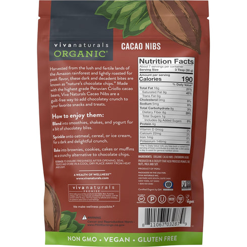 Viva Naturals Organic Cacao Nibs, 8 oz (227 g) - Keto Friendly and Vegan, Unsweetened Chocolate Chip Substitute, Perfect for Gluten Free Baking, C...