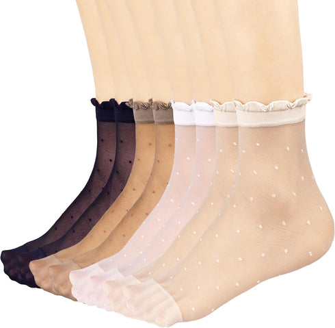 Mcool Mary 12 Pairs Women's Sheer Ruffled Socks Frilly Ankle High Nude Nylon Stocking Summer Ultra Thin Cool Silk Dot Socks for Women...