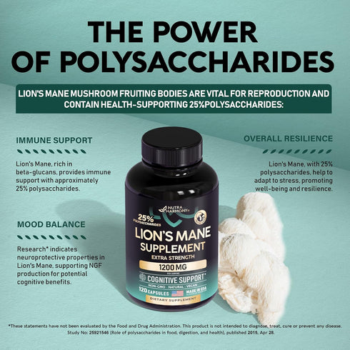 Organic Lions Mane - Certified Mushroom Supplement - Made in USA - Fruiting Bodies Extract - 1200 mg, 25% Polysaccharides - Memory & Focus - As Li...