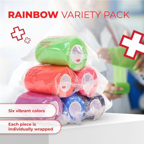 Ever Ready First Aid Self Adherent Cohesive Bandages 3" x 5 Yards - 12 Count, Rainbow Colors...