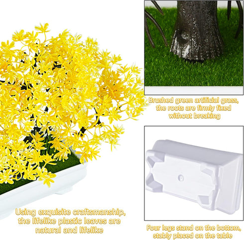 Mini Artificial Bonsai Tree Plants with Plastic Cement Pots for Home Office Décor (Yellow)...