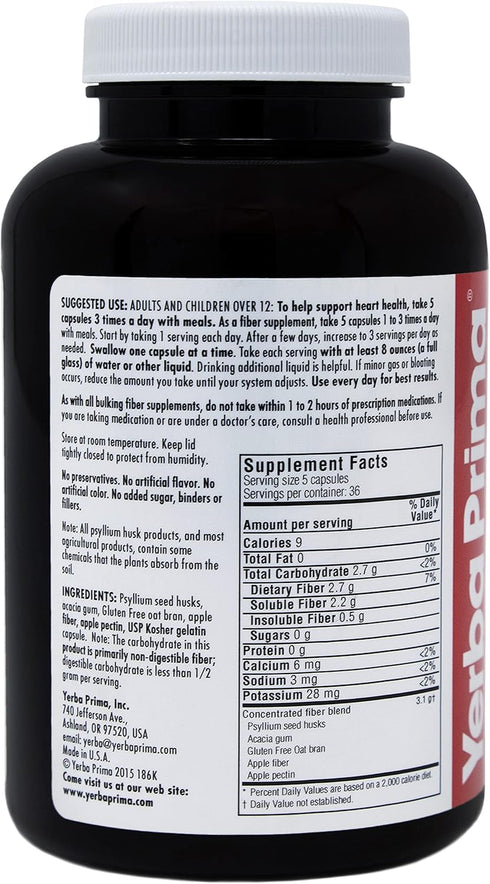 Yerba Prima Soluble Fiber Formula Capsules, 180 Count - Premium Dietary Fiber Supplement, Natural, Concentrated Soluble Fiber, Gluten Free, Non-GM...