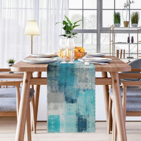 Emvency Farmhouse Table Runner, Modern Teal and Grey Abstract Art Painting for Kitchen Coffee Table Family Dinners Holiday Parties Wedding Events ...