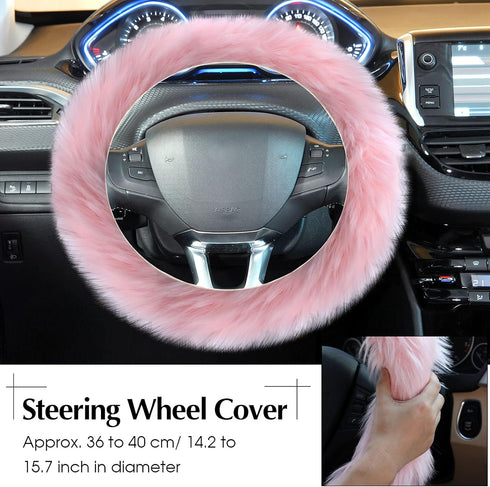 6 Pieces Fluffy Steering Wheel Covers Winter Wool Fur Handbrake Cover Warm Gear Steering Wheel Cover Console Seat Belt Shoulder Pads Accessories F...