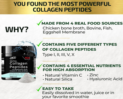 Collagen Peptides Powder with Vitamin C & Hyaluronic Acid - Organic Cleanest Sources & Super High Absorption - Hydrolyzed Multi Type I, II, III, V...
