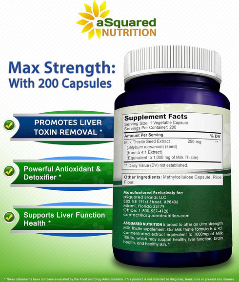 aSquared Nutrition Milk Thistle Supplement 1000mg-200 Capsules,Max Strength 4X Concentrated Extract 4:1 Milk Thistle Seed Powder Herb Pills, 1000 ...