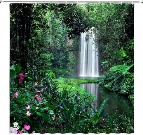 Rainforest Waterfall Shower Curtain Nature Green Forest Flowers Waterfall Tropical Landscape Bathroom Decor Fabric Curtain with Hooks, 8960AL...