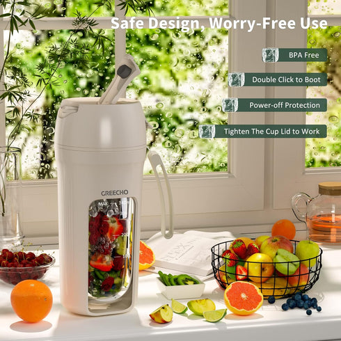 GREECHO Portable Blender, One-handed Drinking Mini Blender for Shakes and Smoothies, 12 oz Personal Blender with Rechargeable USB, Made with BPA-F...