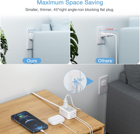 Small Flat Plug Power Strip, TESSAN Ultra Thin Extension Cord with 3 USB Wall Charger (1 USB C), 3 Outlets Mini Charging Station, 5 ft Slim Plug f...
