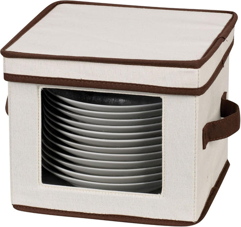 Household Essentials China Plate Storage Box, Holds 12 Dessert Plates or Bowls, Windowed Panel, Sturdy Frame and Reinforced Handles, Felt Cushions...