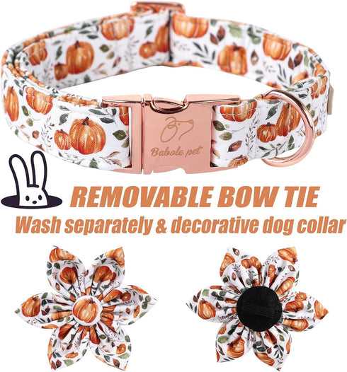 Halloween Dog Collars for Large Dog with Flower Tie,Fall Leaves Pumpkin Dog Collar with Safety Metal Buckle Adjustable Puppy Collars for Small Med...