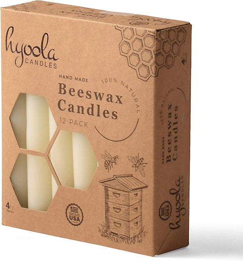 Hyoola 4" Beeswax Taper Candles 12 Pack - Handmade, All Natural, 100% Pure Unscented Bee Wax Candle - Tall, Decorative, White 4 Hour Burn Time...