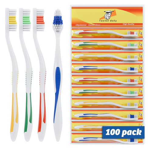 FactorDuty 100 Pack Toothbrush Standard Classic Medium Soft Toothbrush Bulk Individually Wrapped...