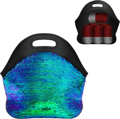 Neoprene Lunch Bag for Women,Double-Sided Green Sequins Insulated Neoprene Tote Bag with Zipper for Work, Reusable Washable Thermal Bag for Lunch ...