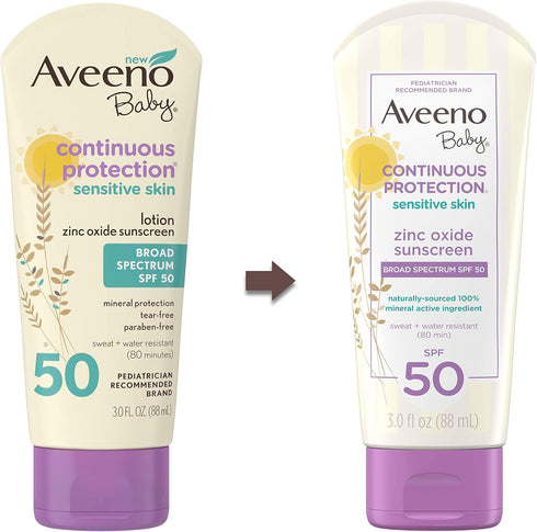 Aveeno Baby Continuous Protection Zinc Oxide Mineral Sunscreen Lotion for Sensitive Skin with Broad Spectrum SPF 50, Tear-Free, Sweat- & Water-Res...
