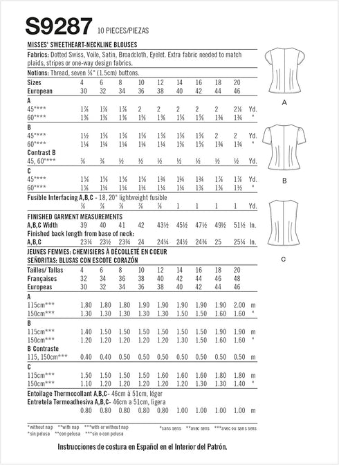 Simplicity Misses' Sweetheart Neckline Loose Fitting Blouse Packet, Code 9287 Sewing Pattern, Sizes 12-20, White...