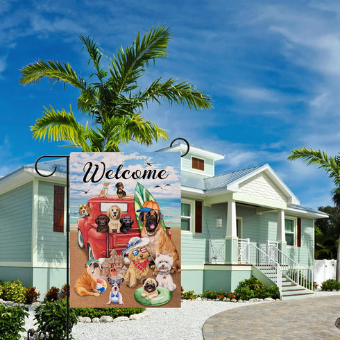 Welcome Summer Dogs Red Truck Beach Garden Flag Double Sided, Ocean Coastal Nautical Pickup Decorative Yard Outdoor Small Decor Home Outside Decor...