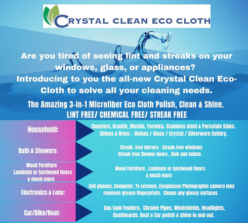 Crystal Clean Eco-Cloth Amazing Lint-Free/Streak-Free/Chemical-Free Microfiber Cloth for Windows & Glass/Mirrors Stainless Steel Appliances TV/Com...