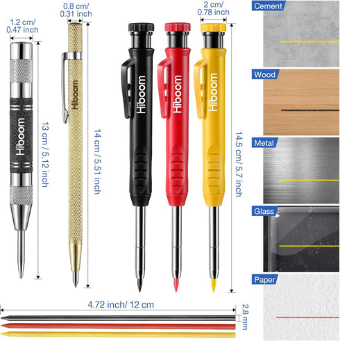 Hiboom 8 Pack Carpenter Pencil Set, 3 Colorful Solid Carpenter Pencils with Sharpener and Refills, Automatic Center Punch, Carbide Scribe Tool Kit...