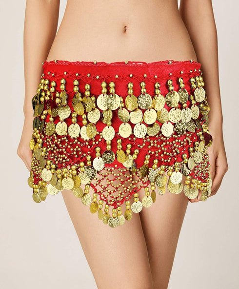 ORAZIO 4 Sets Women's Belly Dance Accessories,Belly Dance Hip Scarf Wrap Belt,Bohemian Gold Coin Drop Earrings Headpiece Small Coins Hair Chain Ta...