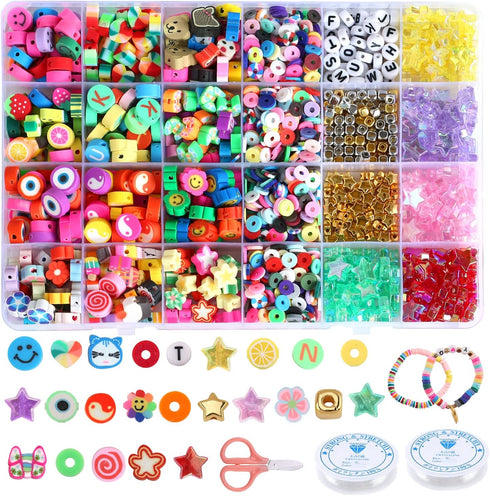 1450Pcs Fruit Smiley Clay Beads for Bracelet Making Kit Jewelry Necklace Gifts, Handmade Polymer Beads with Colored Stars, Letters and Crystal Ela...