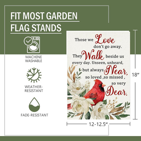 Those We Love Don't Go Away Cardinal Spring Small Decorative Inspirational Garden Flag, Summer Red Bird Yard Gardenia Outside Memorial Faith Grave...
