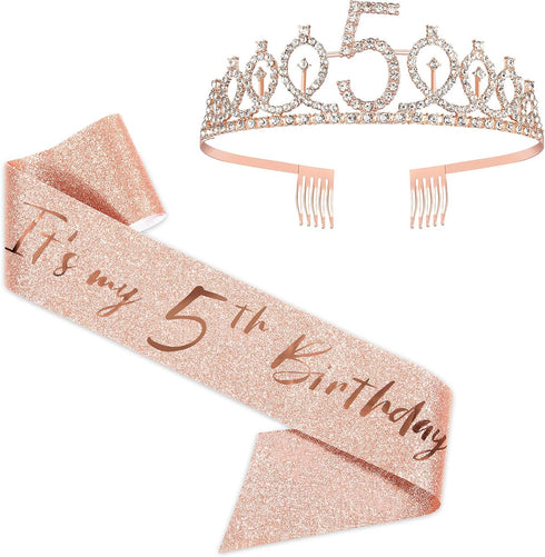 BRT Bearingshui Rose Gold Crown 5 & Fabulous Sash and Tiara for Girls, Gifts for Happy 5th Birthday Party Favor Supplies...
