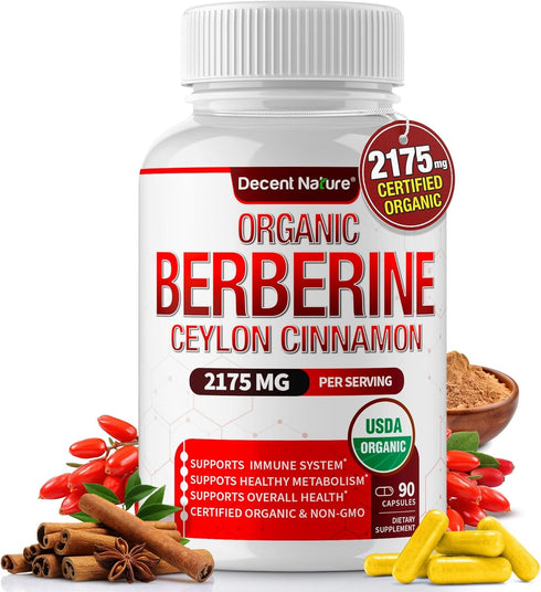 Organic Berberine with Ceylon Cinnamon 2175mg - Premium berberine supplement high purity extract USDA Organic, support immune system, Berberine Pl...
