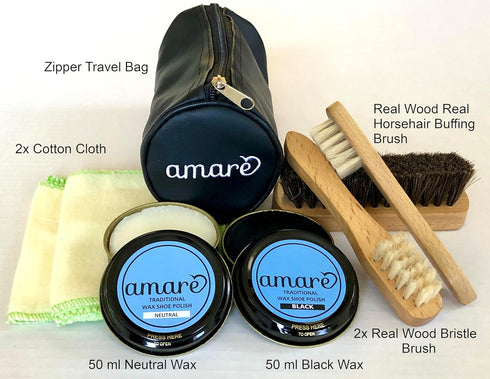 Amare 8PC Shoe Shine Kit, Shoe Polish & Care Kit, for Leather for Men & Women with Black and Neutral Polish, Travel Shoe Shine Brush kit, Leather ...