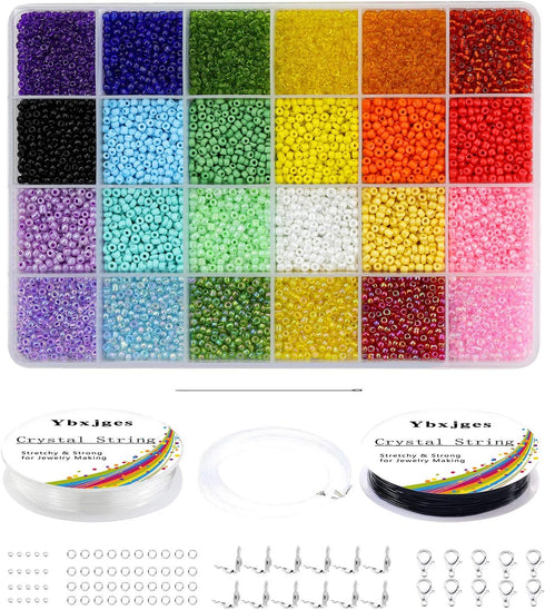 Ybxjges 12000 pcs 3mm Glass Seed Beads 8/0 Small Craft Beads with Jump Rings Lobster Clasp Crimp Beads 2 Roll Elastic String for DIY Bracelets Nec...
