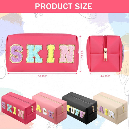 4 Pcs Large Chenille Letter Patch Makeup Bag Skin Stuff Hair Face Bag Preppy Patch Makeup Cosmetic Bag Toiletry Zipper for Women Teen Girl(Fresh C...