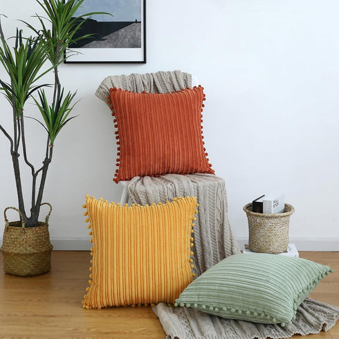Green Pillow Covers 18x18 inch with Pom-poms Set of 2 Corduroy Farmhouse Boho Accent Decorative Throw Pillow Covers for Couch Bed Sofa...