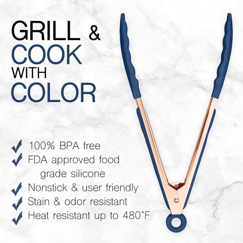 COOK WITH COLOR Stainless Steel Silicone Tipped Kitchen Food BBQ and Cooking Tongs Set of Two 9” and 12” for Non Stick Cookware, BPA Fee, Stylish,...