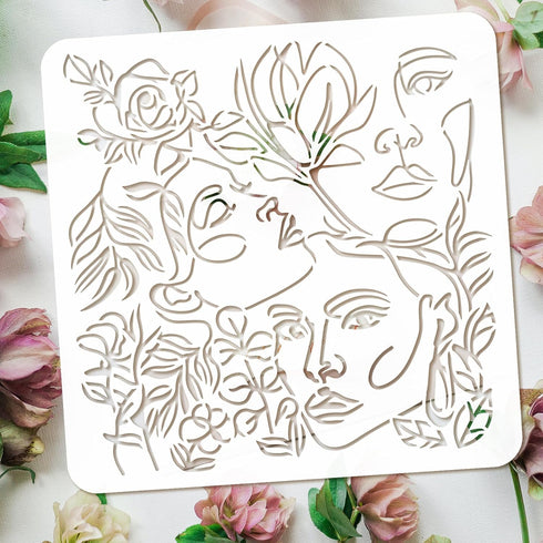 FINGERINSPIRE Woman Face Stencil 11.8x11.8inch Line Art Beautiful Woman Face Drawing Template Beauty Girl Rose Magnolia Pattern Decoration Stencil...