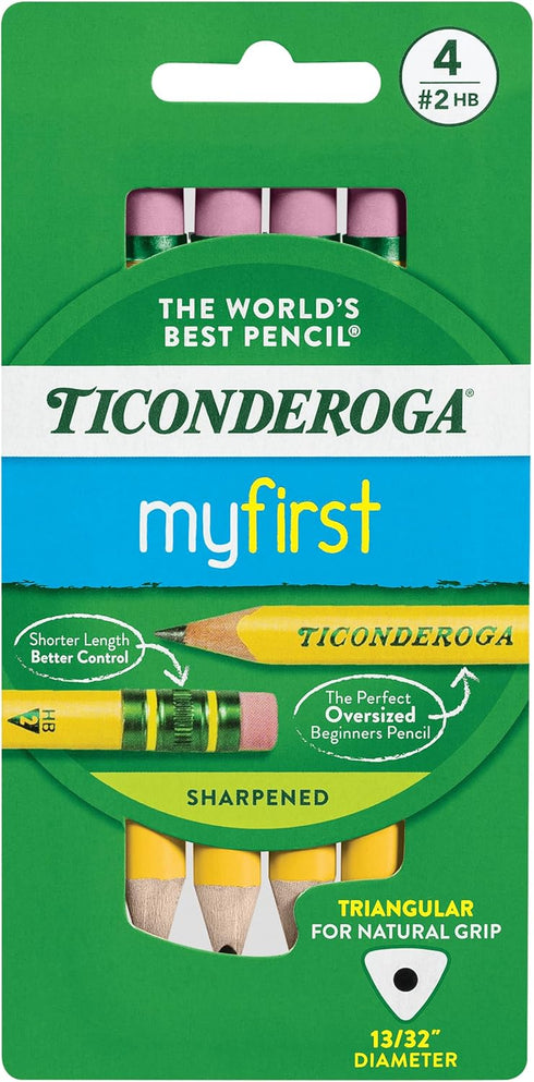 Ticonderoga My First Short Triangular Wood-Cased Pencils, 2 HB Soft, With Erasers, Yellow, 4 Count...