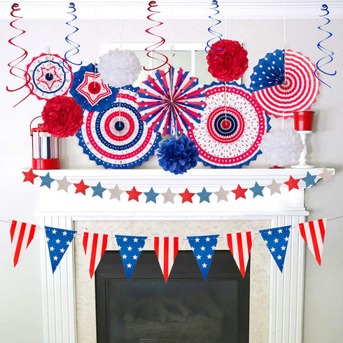 29PCS 4th/Fourth of July Patriotic Decorations Set - Red White Blue Paper Fans,USA Flag Pennant,Star Streamer,Pom Poms,Hanging Swirls Party Decor ...