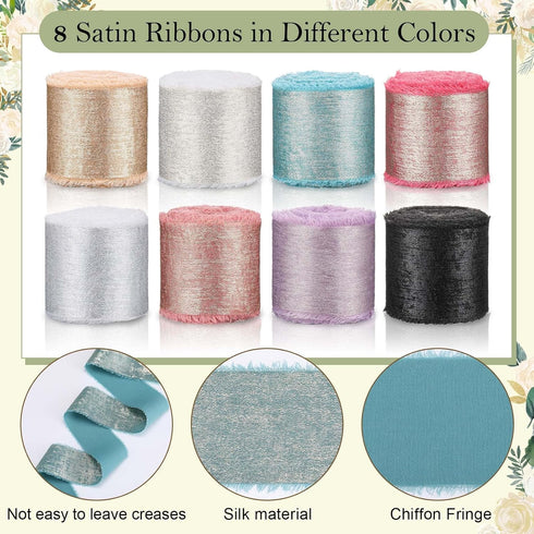 8 Rolls 1-1/2 Inch x 40 Yard Chiffon Ribbon, Mixed Color Silk Satin Ribbon, Shimmery Silk Ribbon Fringe Fabric for Wedding Invitations, Bridal Bou...