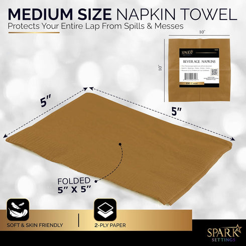 100 Pack Gold Beverage Napkins, Big Party Pack, 2 Ply, Ideal for Wedding, Party, Birthday, Dinner, Lunch, Cocktails. (5” x 5”) by Amcrate...