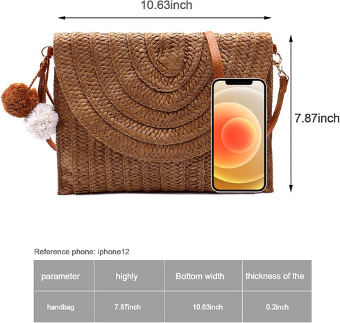 Straw Crossbody Bag Straw Brown Shoulder Bag Casual Beach Straw Handmade Bag for Women...