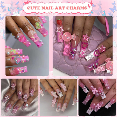 3D Pink Bow Nail Art Charms, 3D Assorted Bowknot Nail Charms Pearls Gems Cute Star Heart Butterfly Bow Planet Bear Nail Decoration with Pickup Too...